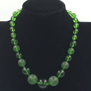 Vintage West Germany Emerald Green Graduated Frosted & Clear Glass Bead Necklace